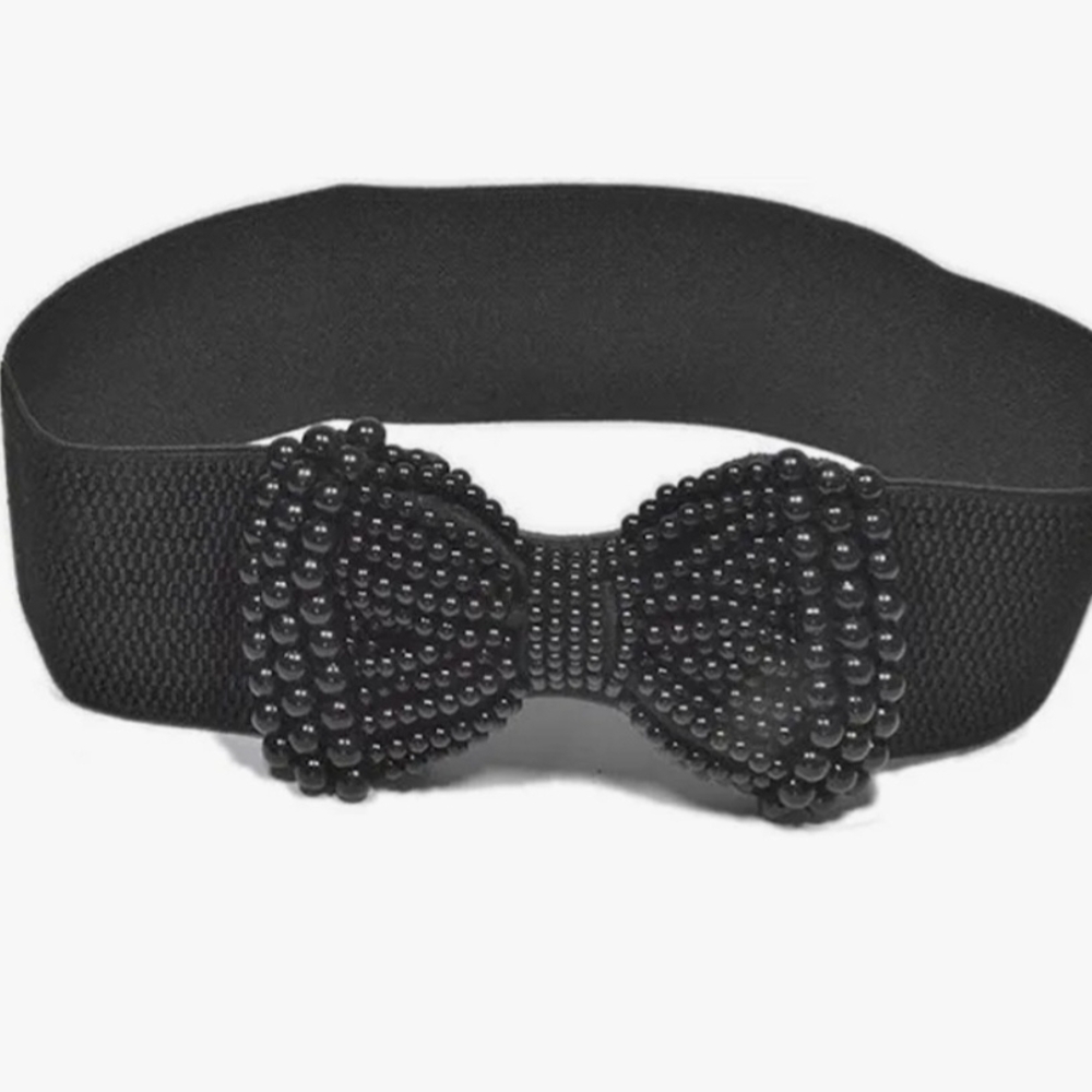 Elegant Black Beaded Bow Belt Corset Bohemian Stretch Black Stylish